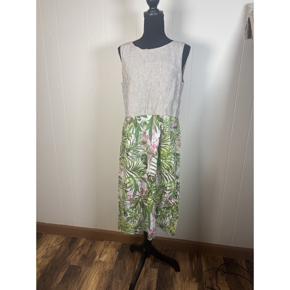j jill linen dress striped tropical print pockets small lined - Picture 1 of 12